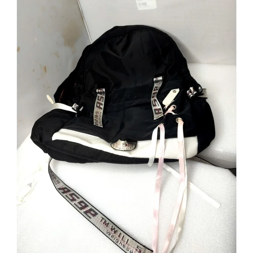 ASGE Black &White Nylon Backpack Drawstring Flap School Travel Laptop Bag 18